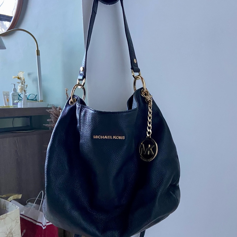 Michael Kors Black Leather Crossbody / Hobo with Gold Hardware